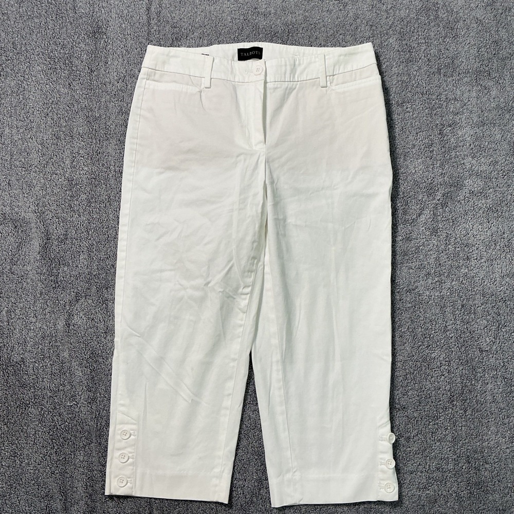 Talbots Perfect Skimmer White Cropped Pants Petite 4P Button Hem Cotton Stretch